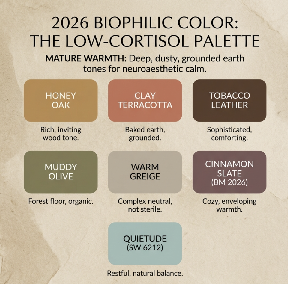 Screenshot 2026-03-03 at 163130 2026 biophilic color palette — Low-Cortisol swatches: Honey Oak, Clay Terracotta, Muddy Olive, Warm Greige, Quietude | Sky Rye Design 2026 biophilic color palette — Low-Cortisol swatches: Honey Oak, Clay Terracotta, Muddy Olive, Warm Greige, Quietude