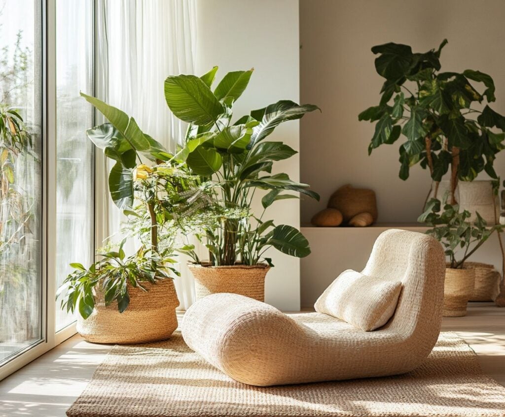 biophilic 6 Sunlit boho home interior with rattan chaise lounge, woven rug and large potted indoor plants by window | Sky Rye Design Sunlit boho home interior with rattan chaise lounge, woven rug and large potted indoor plants by window
