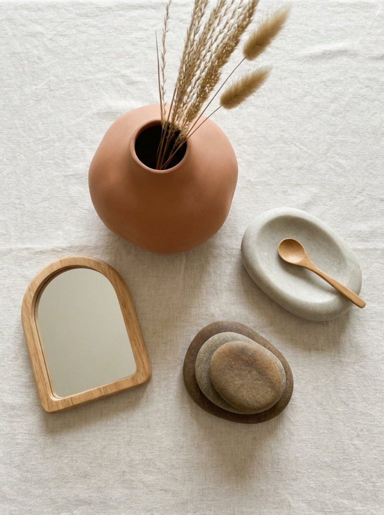 image Minimalist flat-lay: terracotta vase with dried grasses, wooden mirror, stacked stones and stone dish with wooden spoon. | Sky Rye Design Minimalist flat-lay: terracotta vase with dried grasses, wooden mirror, stacked stones and stone dish with wooden spoon.