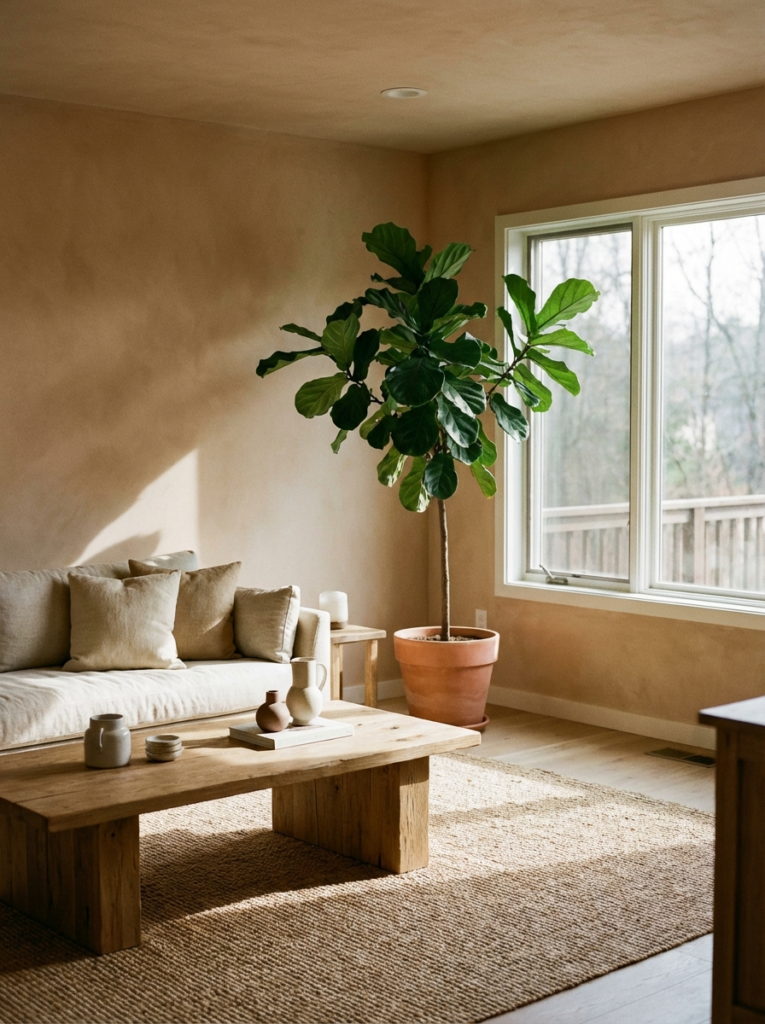 image Neutral minimalist living room with fiddle leaf fig in terracotta pot, wooden coffee table, natural light. | Sky Rye Design Neutral minimalist living room with fiddle leaf fig in terracotta pot, wooden coffee table, natural light.