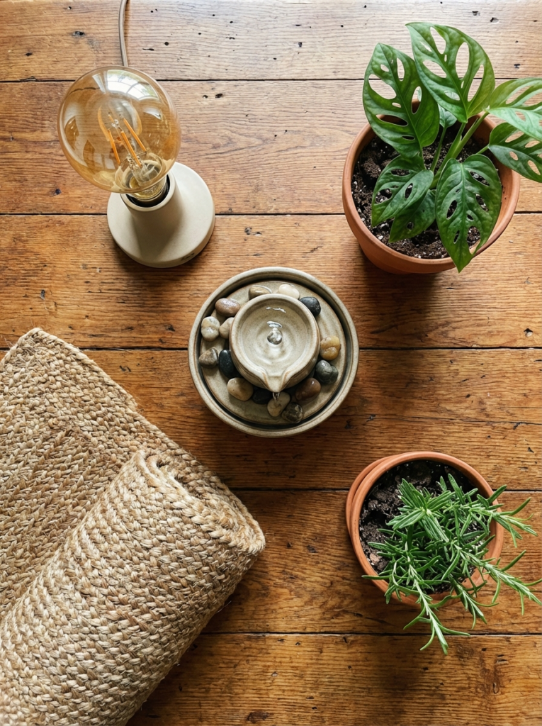 image Top-down view of indoor decor: houseplants, woven jute rug, pebble tabletop fountain and vintage bulb lamp on wooden floor | Sky Rye Design Top-down view of indoor decor: houseplants, woven jute rug, pebble tabletop fountain and vintage bulb lamp on wooden floor