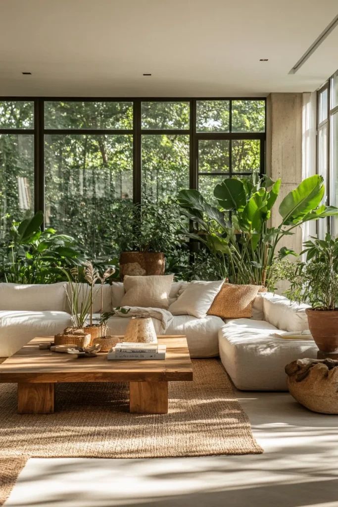 biophilic 7 Sunlit modern boho living room with neutral sectional sofa, wooden coffee table, jute rug and abundant indoor plants | Sky Rye Design Sunlit modern boho living room with neutral sectional sofa, wooden coffee table, jute rug and abundant indoor plants