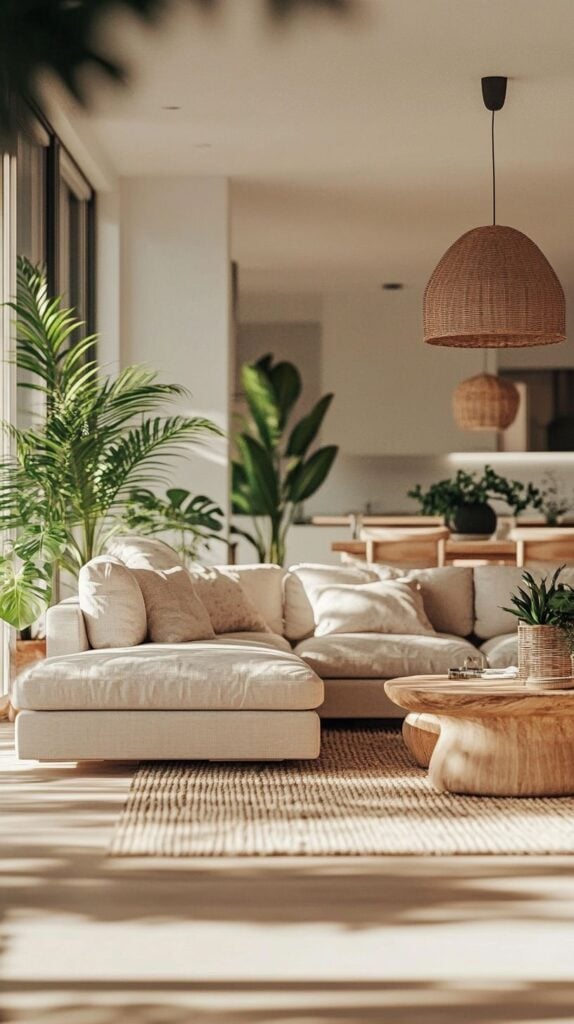 biophilic 8 Bright boho-chic living room with beige linen sectional, wooden coffee table, indoor plants and natural light | Sky Rye Design Bright boho-chic living room with beige linen sectional, wooden coffee table, indoor plants and natural light