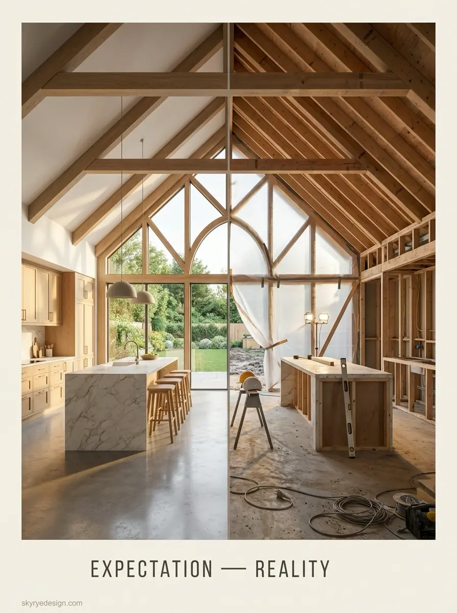 Before/after split: modern kitchen with marble island and timber beams vs same space mid-construction
