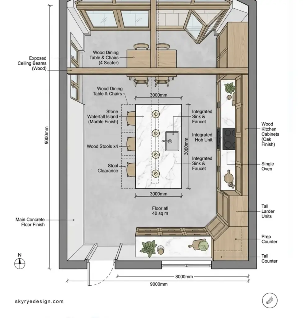 Top-down kitchen floor plan with large 3000mm marble island, wood cabinets, prep counter, dining area and labeled dimensions.