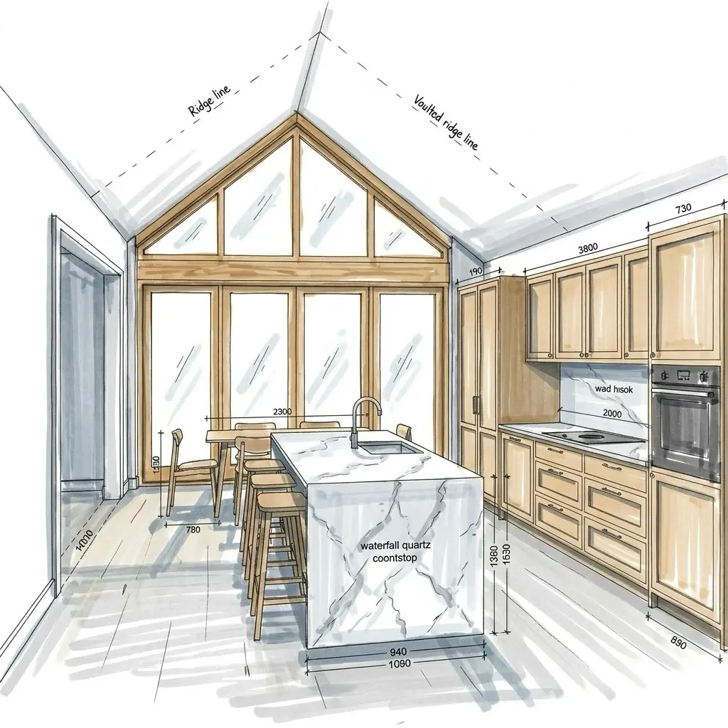 Modern kitchen with waterfall quartz island, timber cabinets, vaulted ceiling and floor-to-ceiling windows.