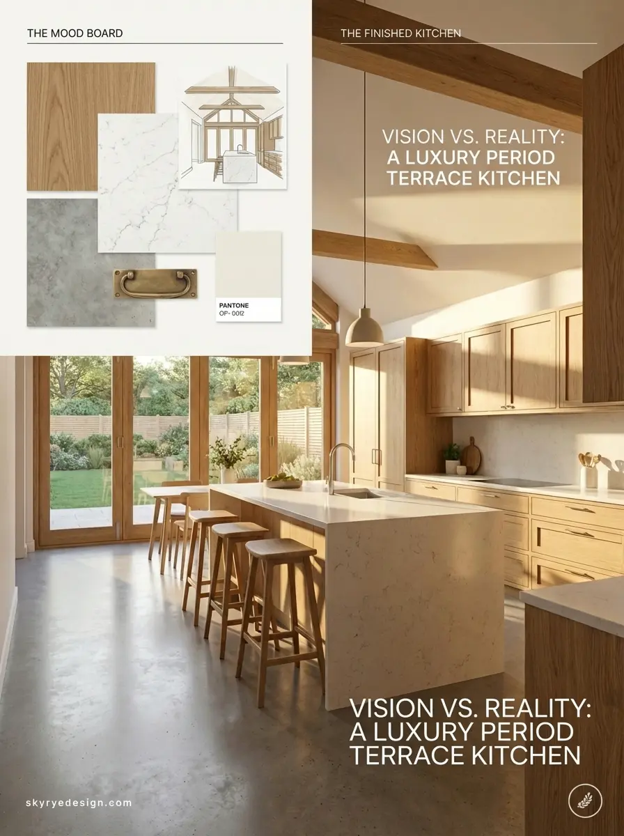 Luxury period terrace kitchen with marble island, wood cabinets, stools, large glass doors and mood board overlay.