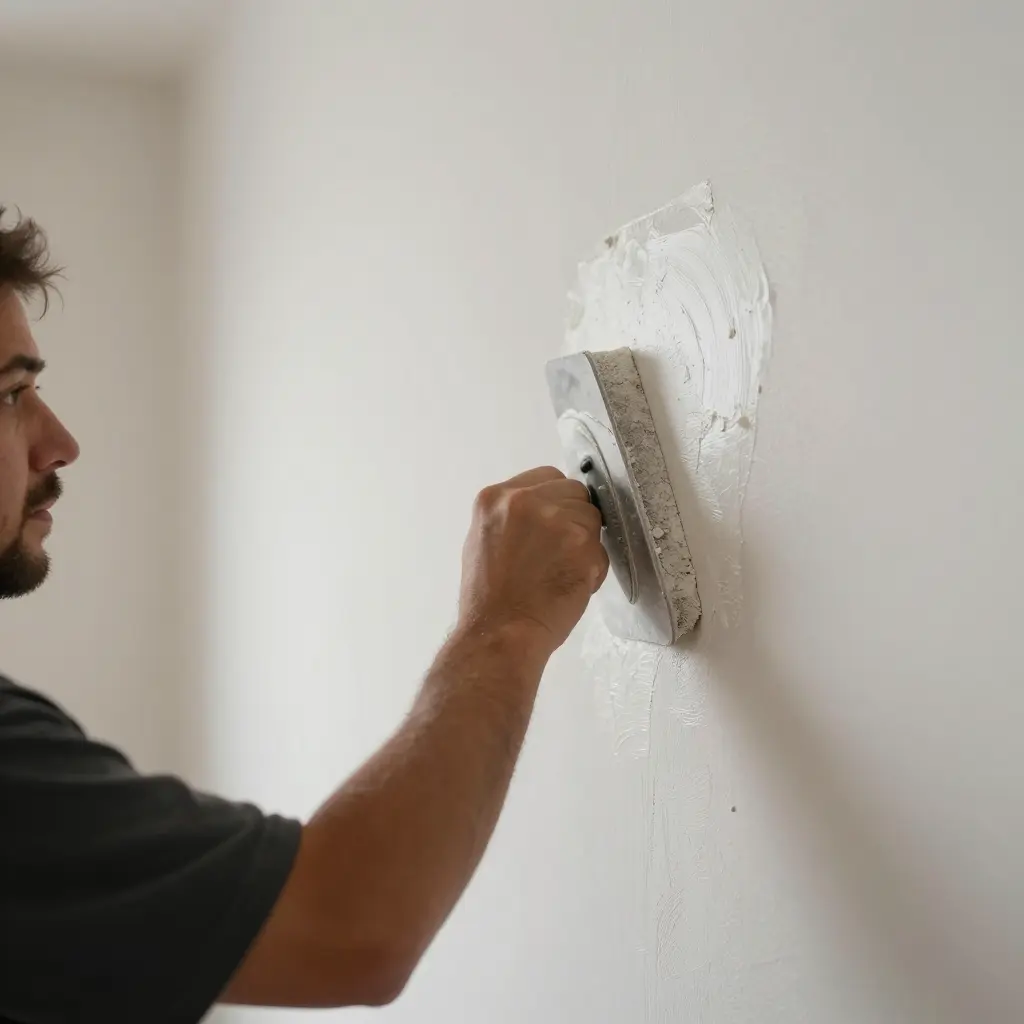 Contractor smoothing fresh plaster on interior wall with hand trowel, close-up of drywall repair and wall plastering 작업