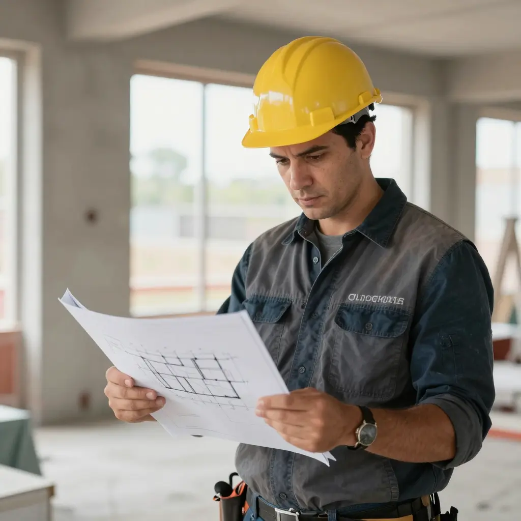 Construction worker in yellow hard hat reviewing building blueprints inside an indoor construction site