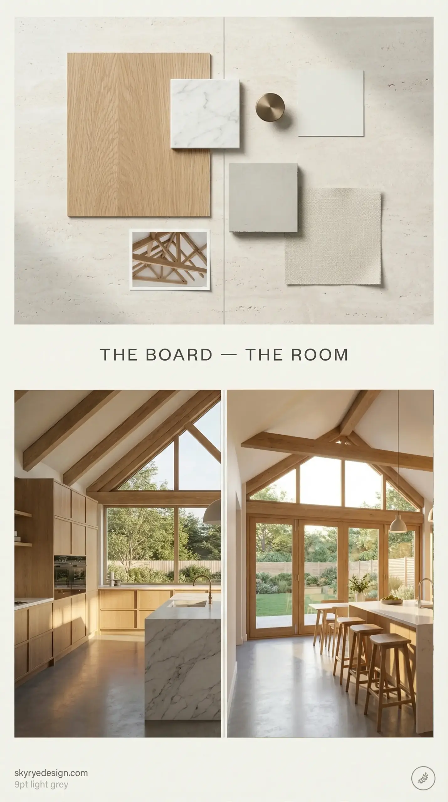 Kitchen design mood board and open-plan kitchen with oak beams, marble island, neutral fabrics and large windows