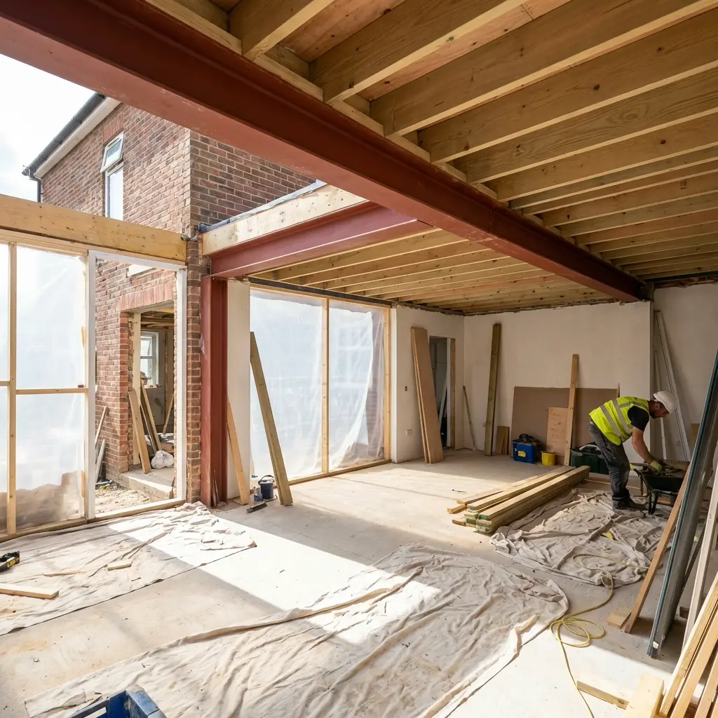 Open-plan home renovation with exposed wooden joists and red steel support beam, construction worker installing materials.