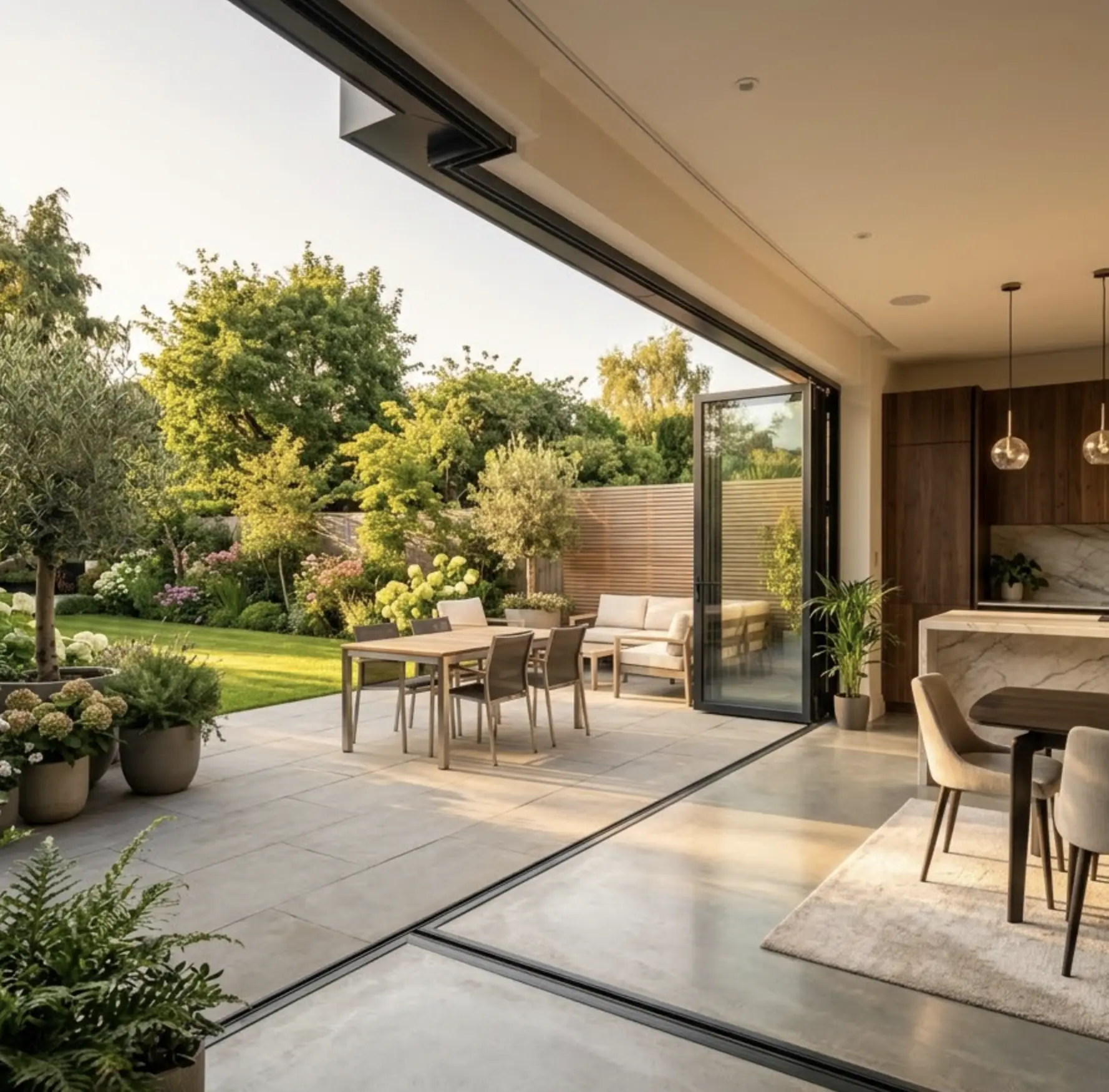 Modern open-plan kitchen and dining with bi-fold glass doors opening to sunlit patio dining and lush backyard garden.