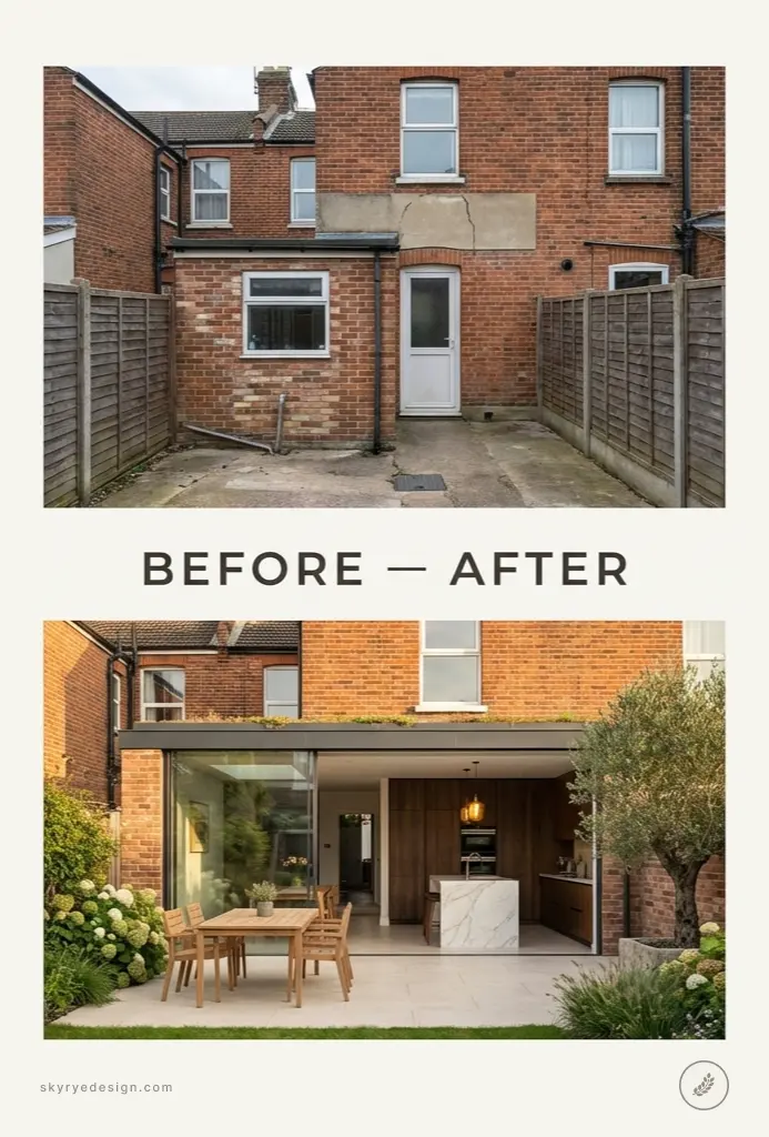Before-and-after backyard of brick townhouse: concrete yard transformed into modern glass kitchen extension with patio.