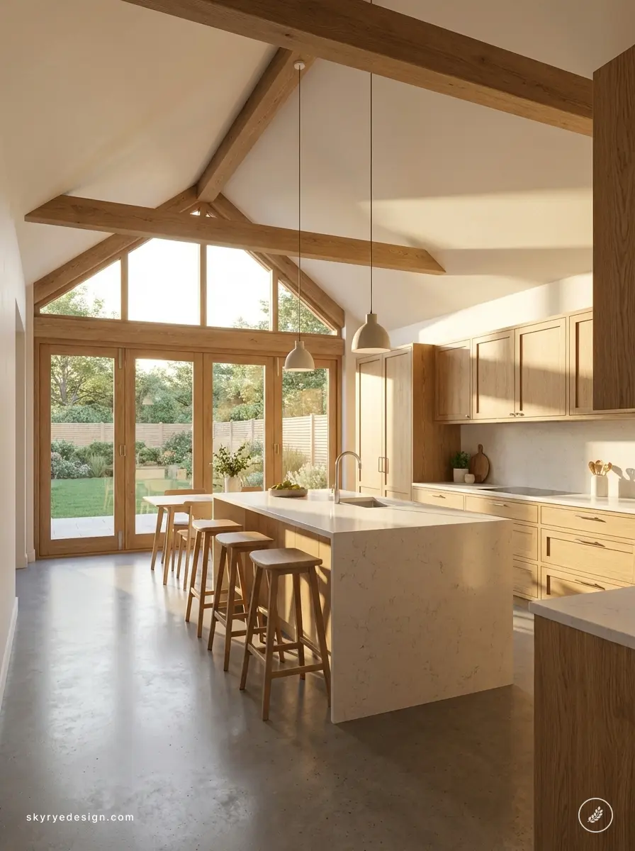Sunny modern farmhouse kitchen with white marble island, wood beams, bar stools and large glass doors opening to a garden.