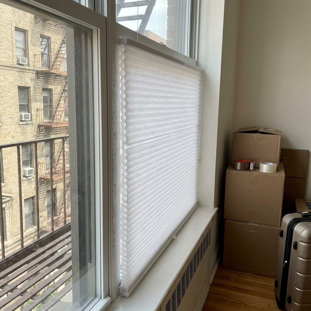 Apartment window with white cellular shade, stacked moving boxes and suitcase by radiator; city fire escape outside