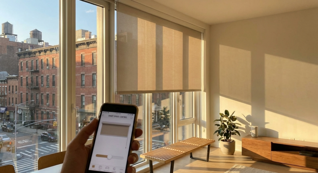Smart roller shades controlled by smartphone in sunlit city apartment living room with large windows and wooden furniture