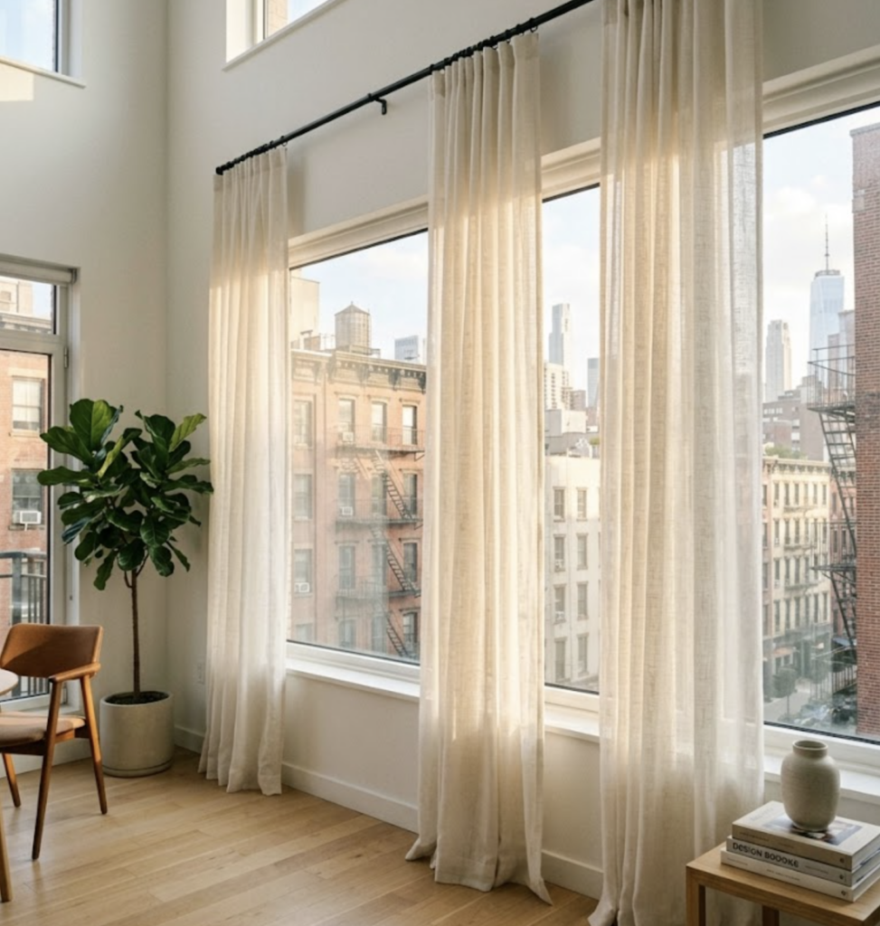 Sunlit modern apartment with floor-to-ceiling windows, sheer linen curtains, potted fiddle leaf fig and city skyline view.