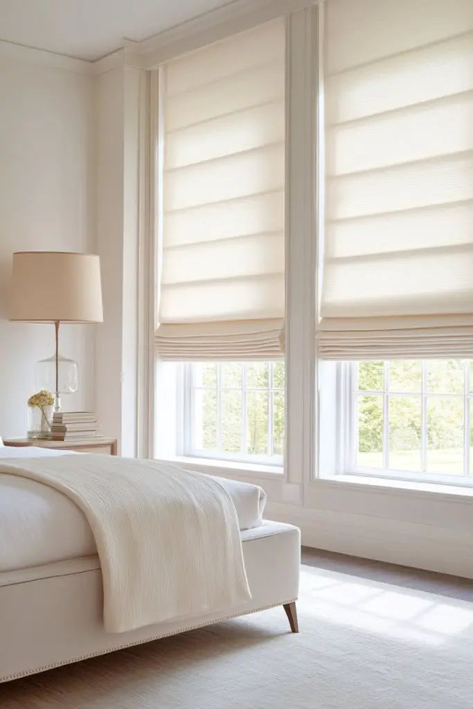 Bright neutral bedroom with white bedding, beige Roman shades on tall windows letting in soft natural light.