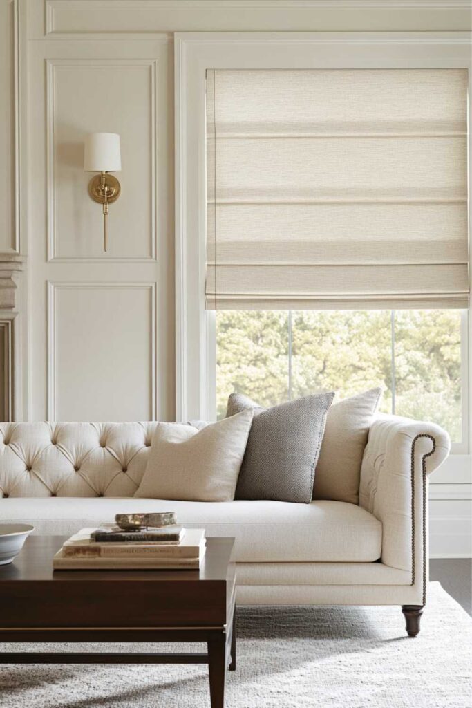 Beige tufted sofa in neutral living room with decorative pillows, wooden coffee table and roman shades