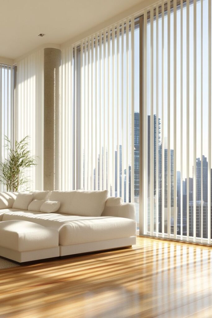 Modern living room with white sectional sofa, floor-to-ceiling windows with vertical blinds and city skyline view