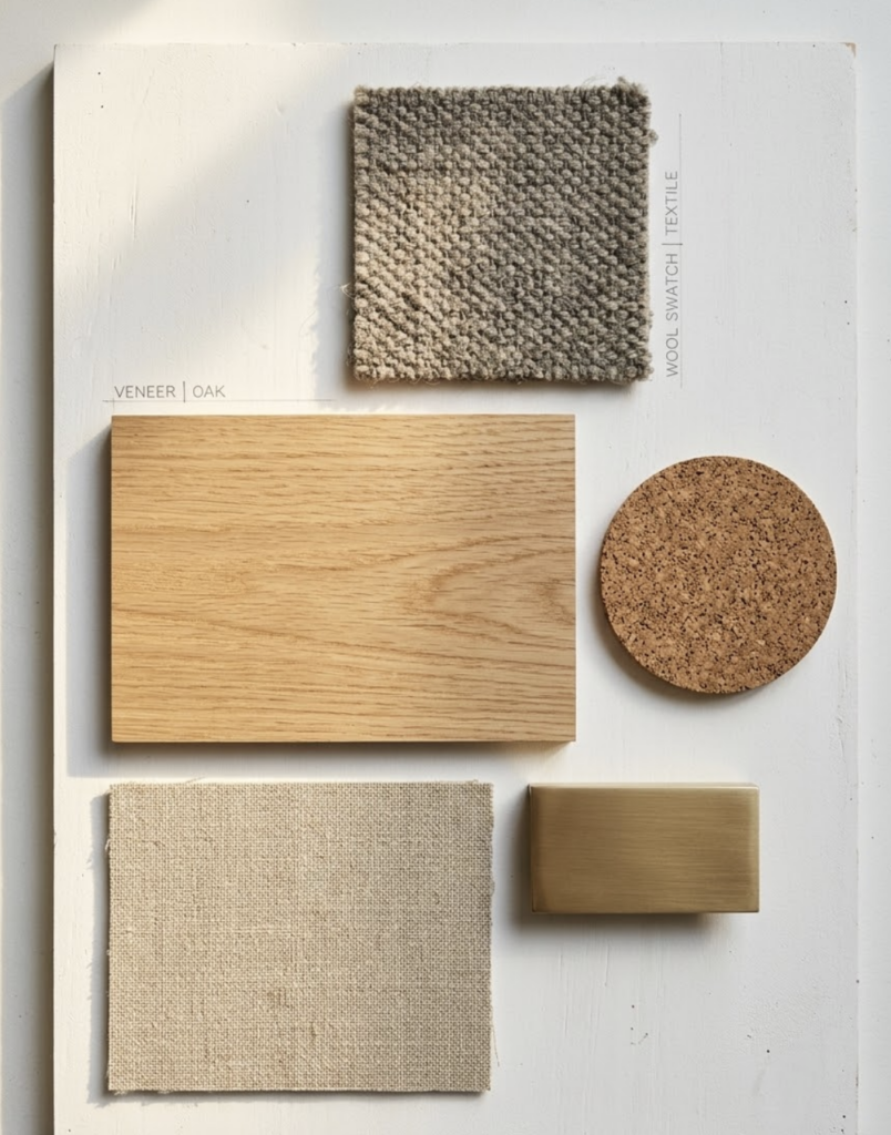 Neutral design material board: oak veneer, wool swatch, round cork sample, linen fabric and brass hardware.