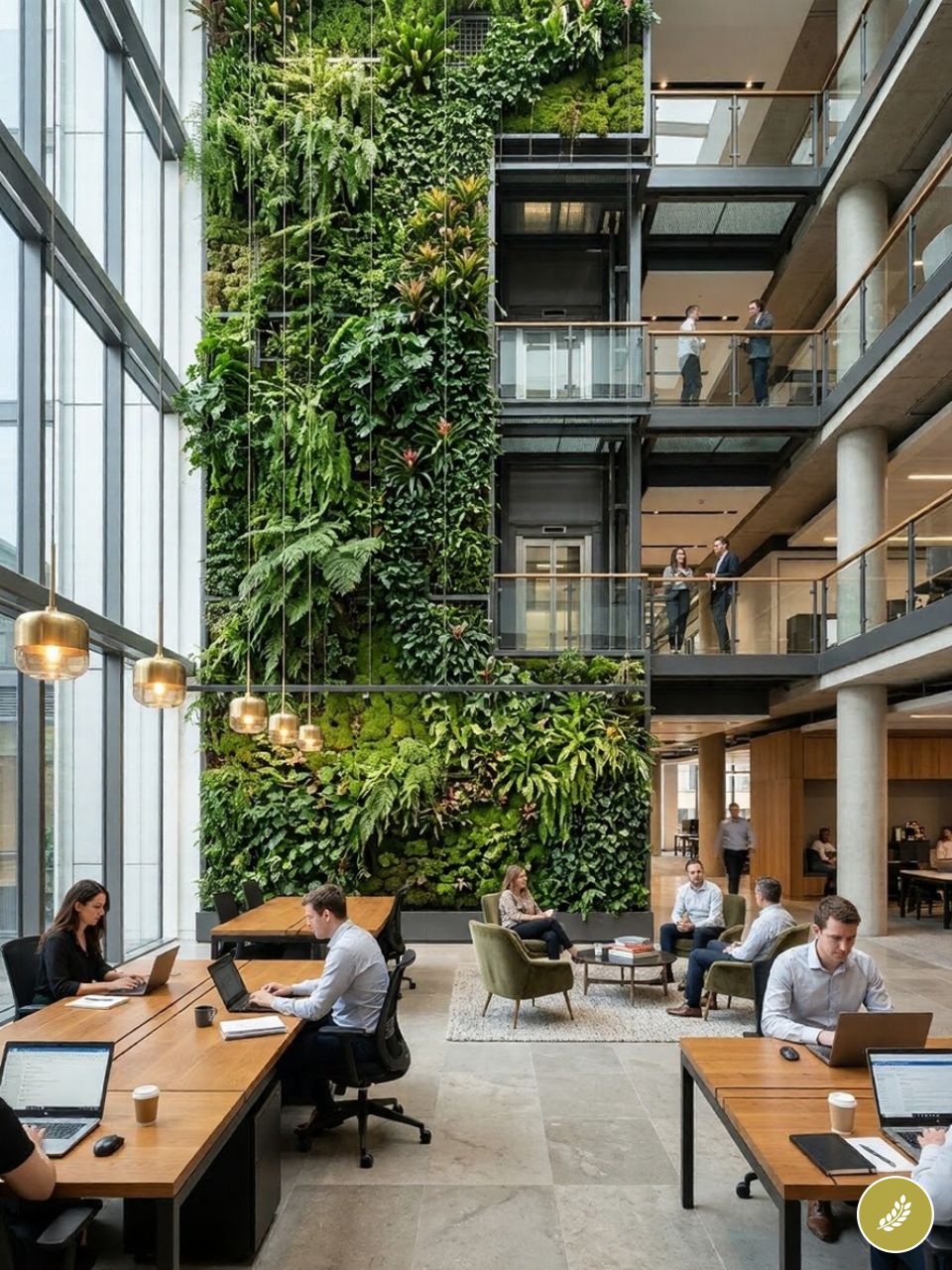 Open-plan modern office with a tall living green wall, communal workstations, lounge seating and floor-to-ceiling windows