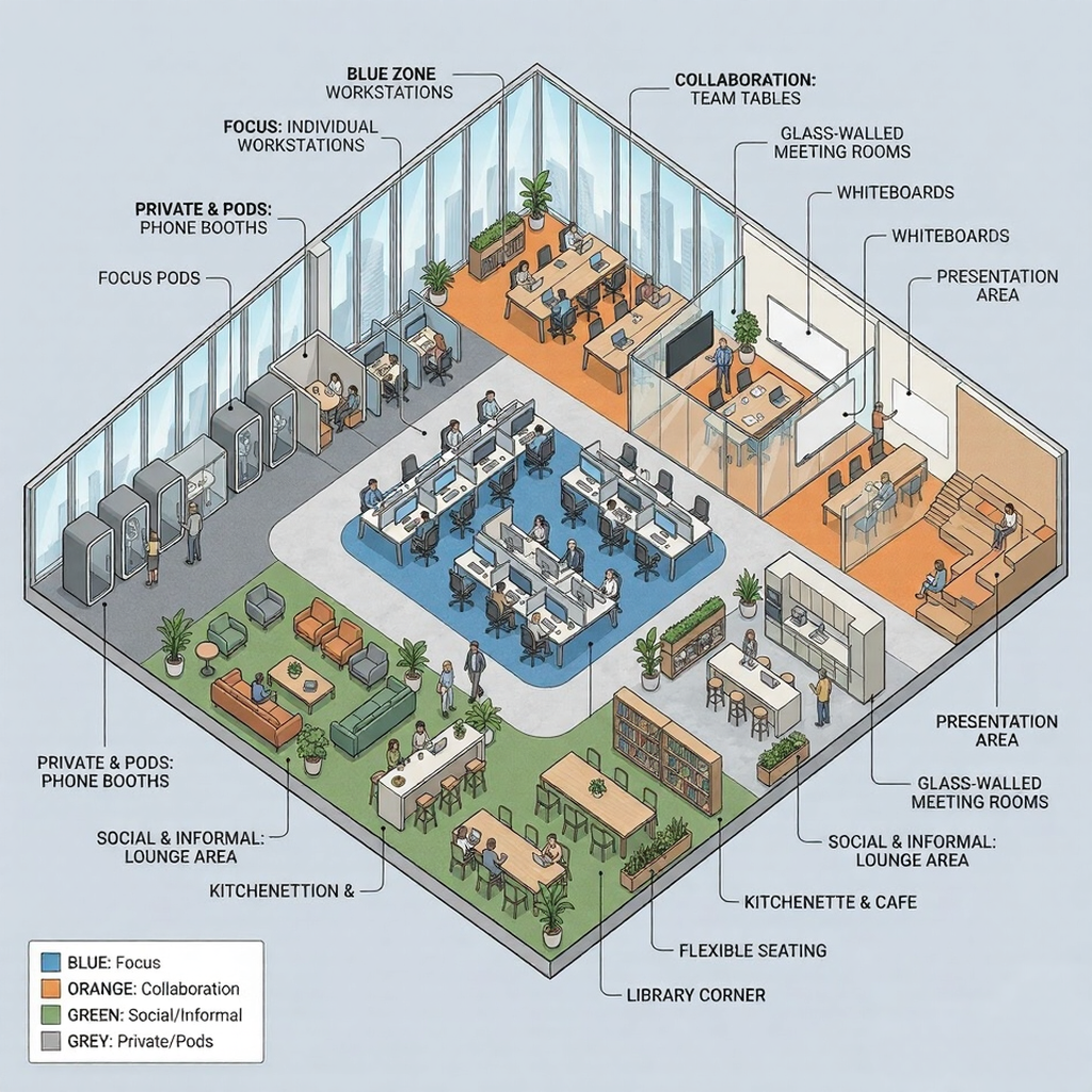 Isometric office layout with color-coded zones: blue focus desks, orange collaboration, green lounge, grey phone pods