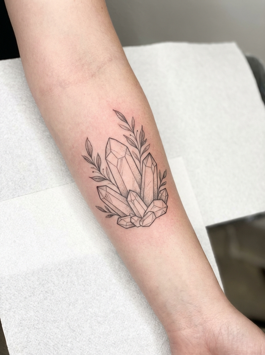 Forearm quartz crystal tattoo, fine-line black ink geometric crystal cluster with botanical leaves