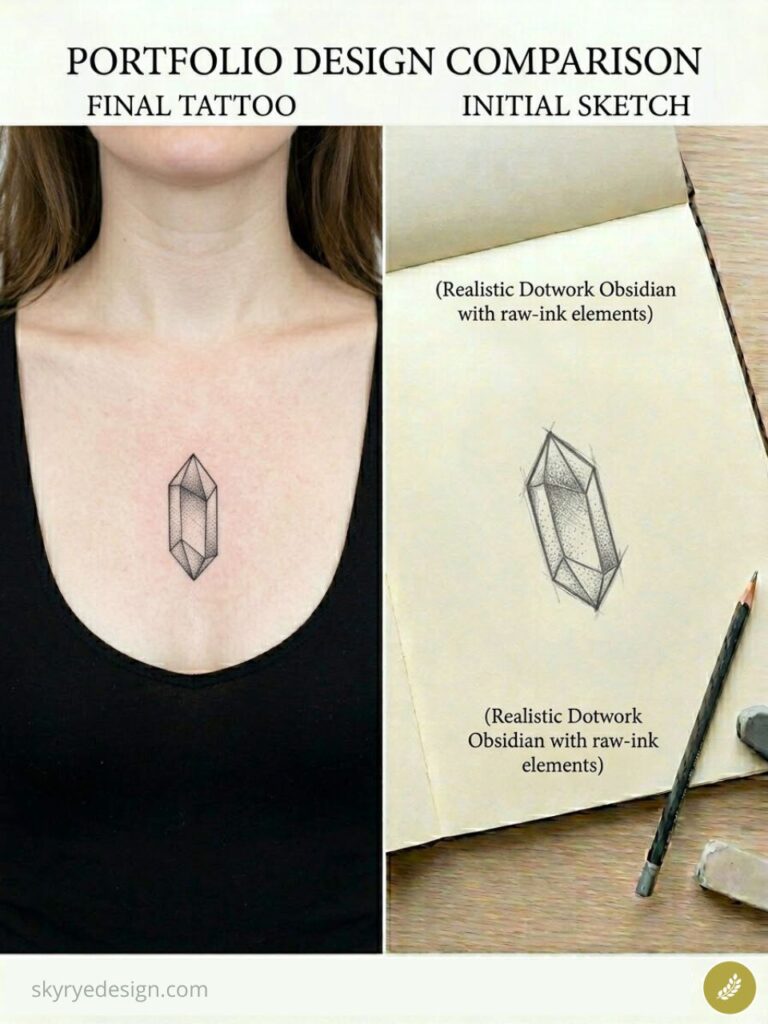 Portfolio design comparison: dotwork obsidian crystal chest tattoo beside initial pencil sketch in sketchbook