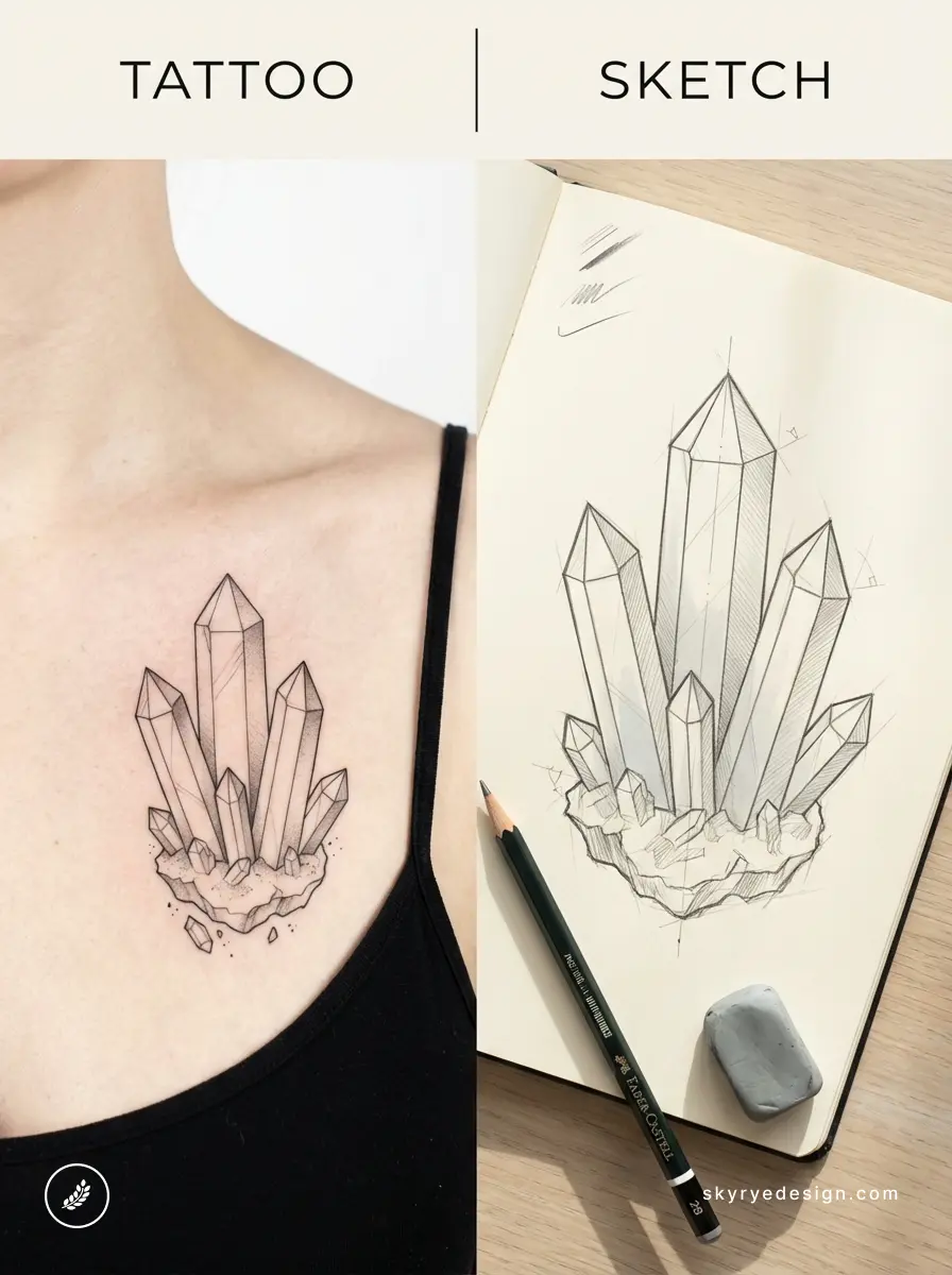 Crystal tattoo design: minimal black-line crystal cluster on chest beside pencil sketch of the same design in a sketchbook