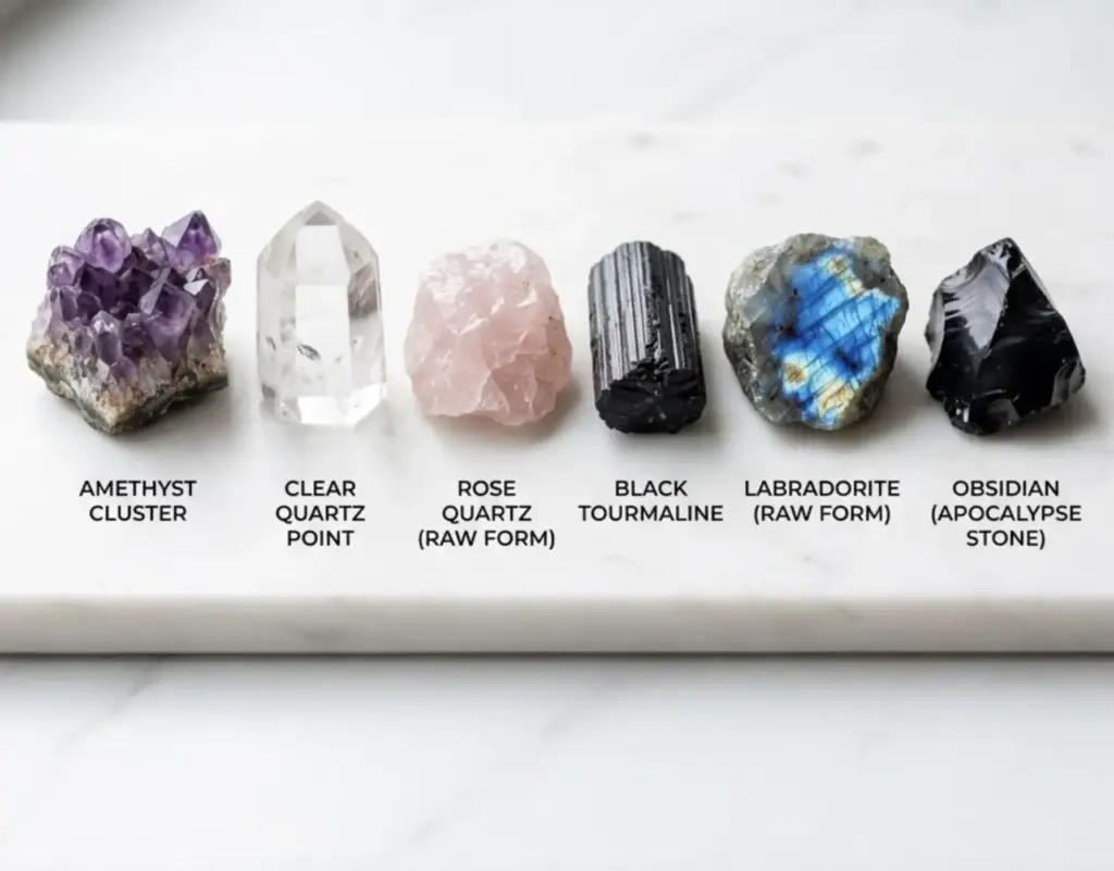 Row of six labeled healing crystals on marble: amethyst, clear quartz, rose quartz, black tourmaline, labradorite, obsidian.