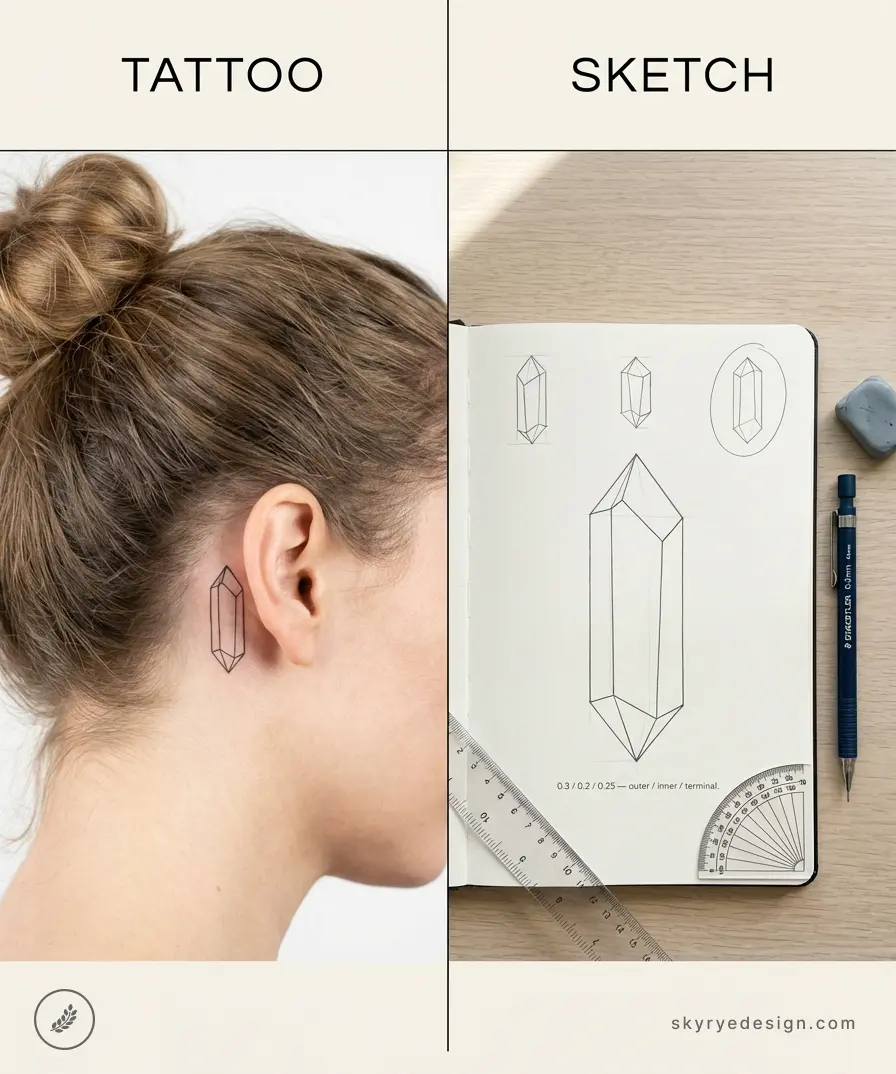 Geometric crystal tattoo behind ear next to sketchbook with crystal design sketches, ruler and pencil