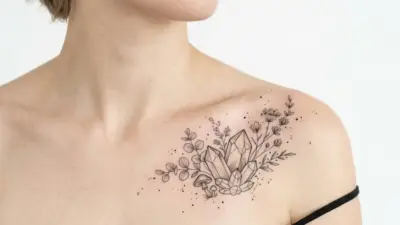 Fine-line black ink collarbone/shoulder tattoo of crystal cluster with wildflowers and foliage