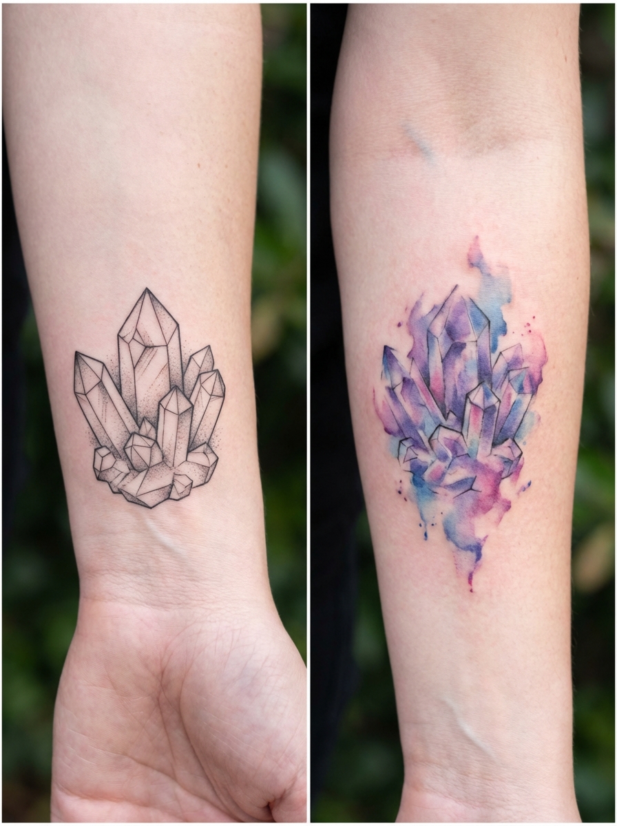 Side-by-side inner forearm crystal tattoos: black geometric outline on left and colorful watercolor crystal design on right.