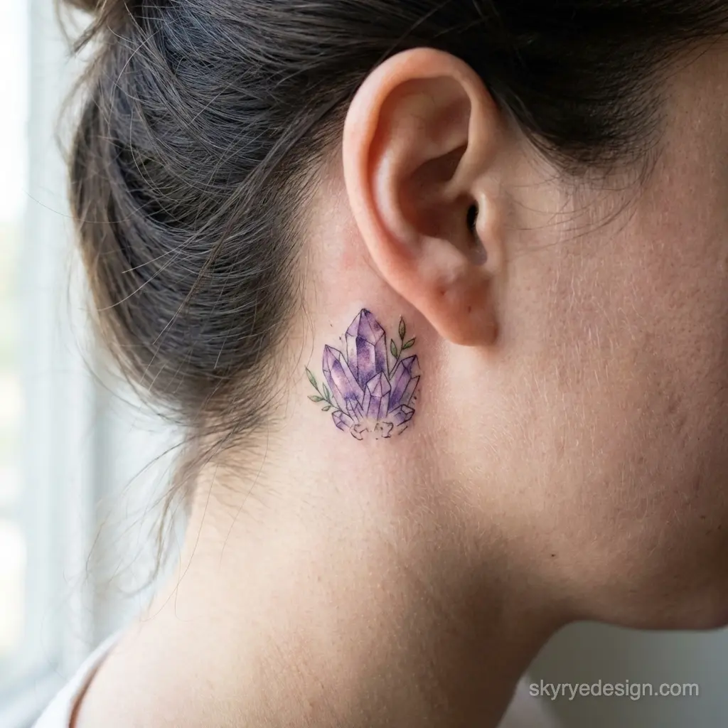 Small purple crystal tattoo behind ear on woman's neck, watercolor style with delicate green leaf accents