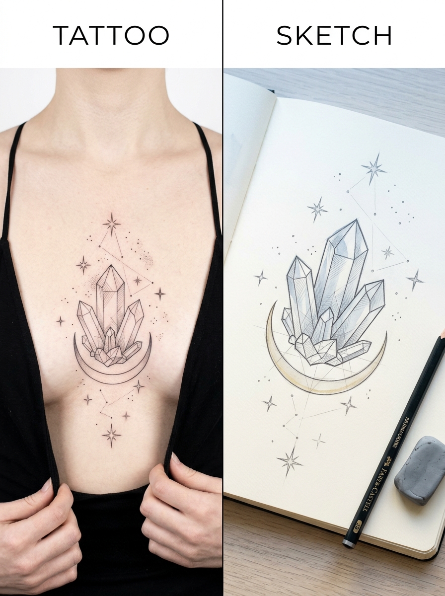 Geometric crystal chest tattoo and sketch: quartz cluster over crescent moon with stars, dotwork constellations
