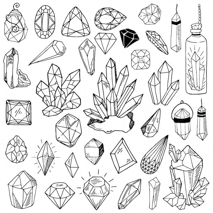 Crystal and gemstone sketches — hand-drawn black and white collage of faceted gems, quartz clusters and pendants