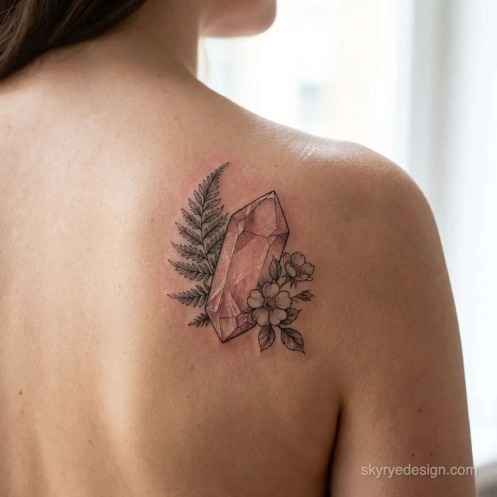 Pink crystal shoulder tattoo: delicate upper-back design with fern frond and small flowers, botanical gemstone ink