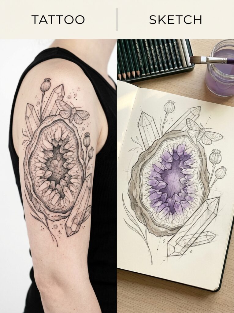 Side-by-side geode tattoo on upper arm and matching sketch showing crystals, moth and purple shading in sketchbook.