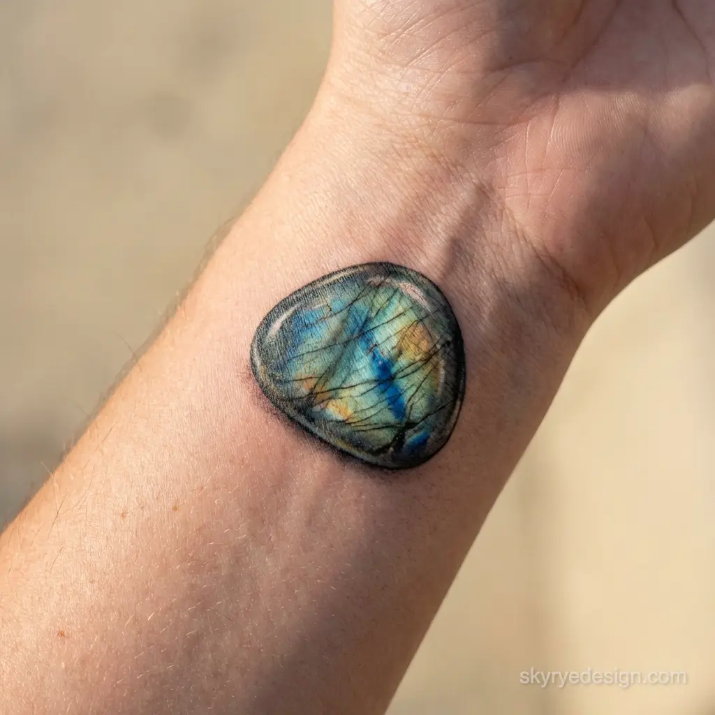 Realistic labradorite gemstone tattoo on inner wrist, blue-green iridescent stone design