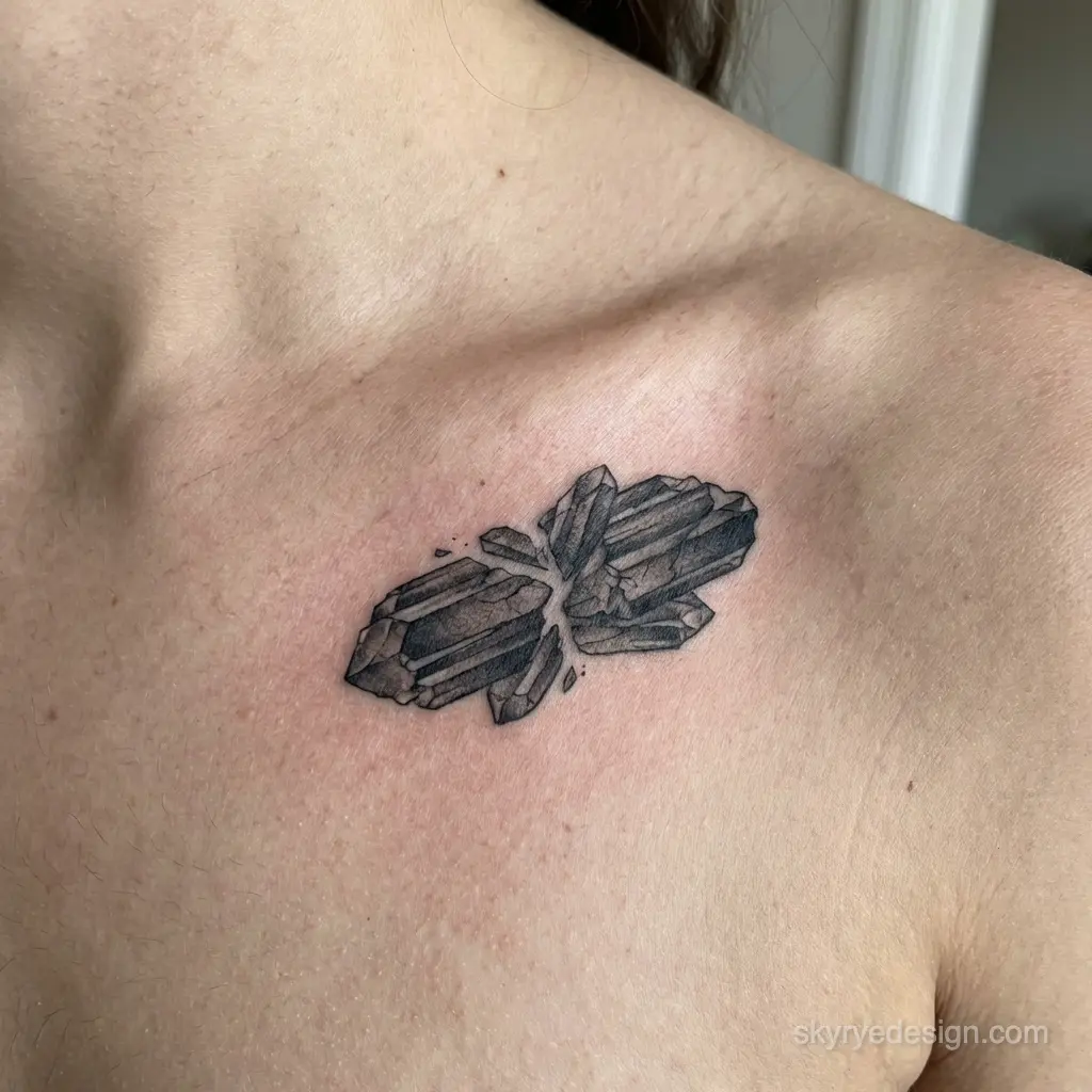 Black and gray crystal cluster tattoo on collarbone, small minimalist geometric chest tattoo.