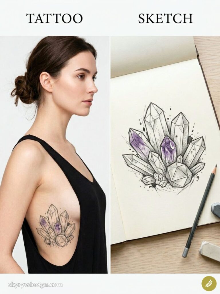Woman with purple crystal cluster rib tattoo beside pencil sketch of geometric crystal tattoo design