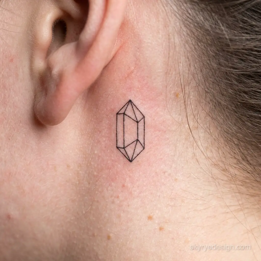 Small fine-line geometric crystal tattoo behind ear on fair skin, minimalist black outline close-up