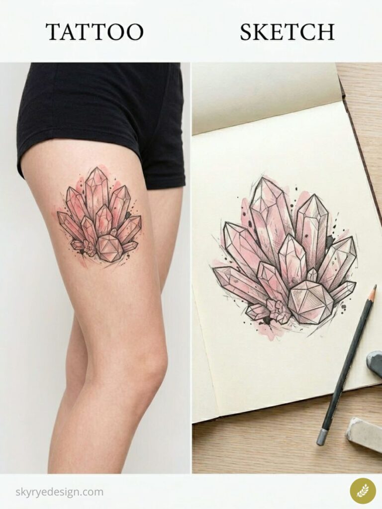 Pink geometric crystal cluster thigh tattoo next to matching sketch and pencil — tattoo design concept