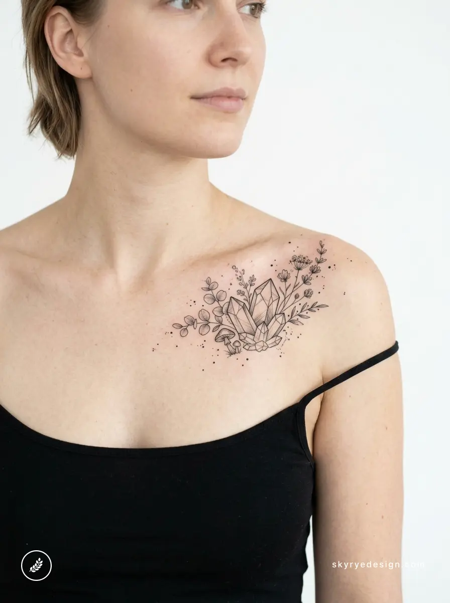 Crystal floral collarbone tattoo, delicate black-line crystals and wildflowers on woman in black camisole