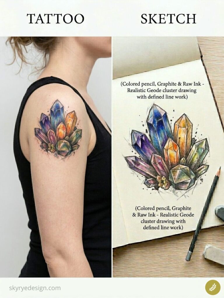Colorful geode crystal tattoo on an upper arm beside a colored-pencil sketch of the same realistic crystal cluster