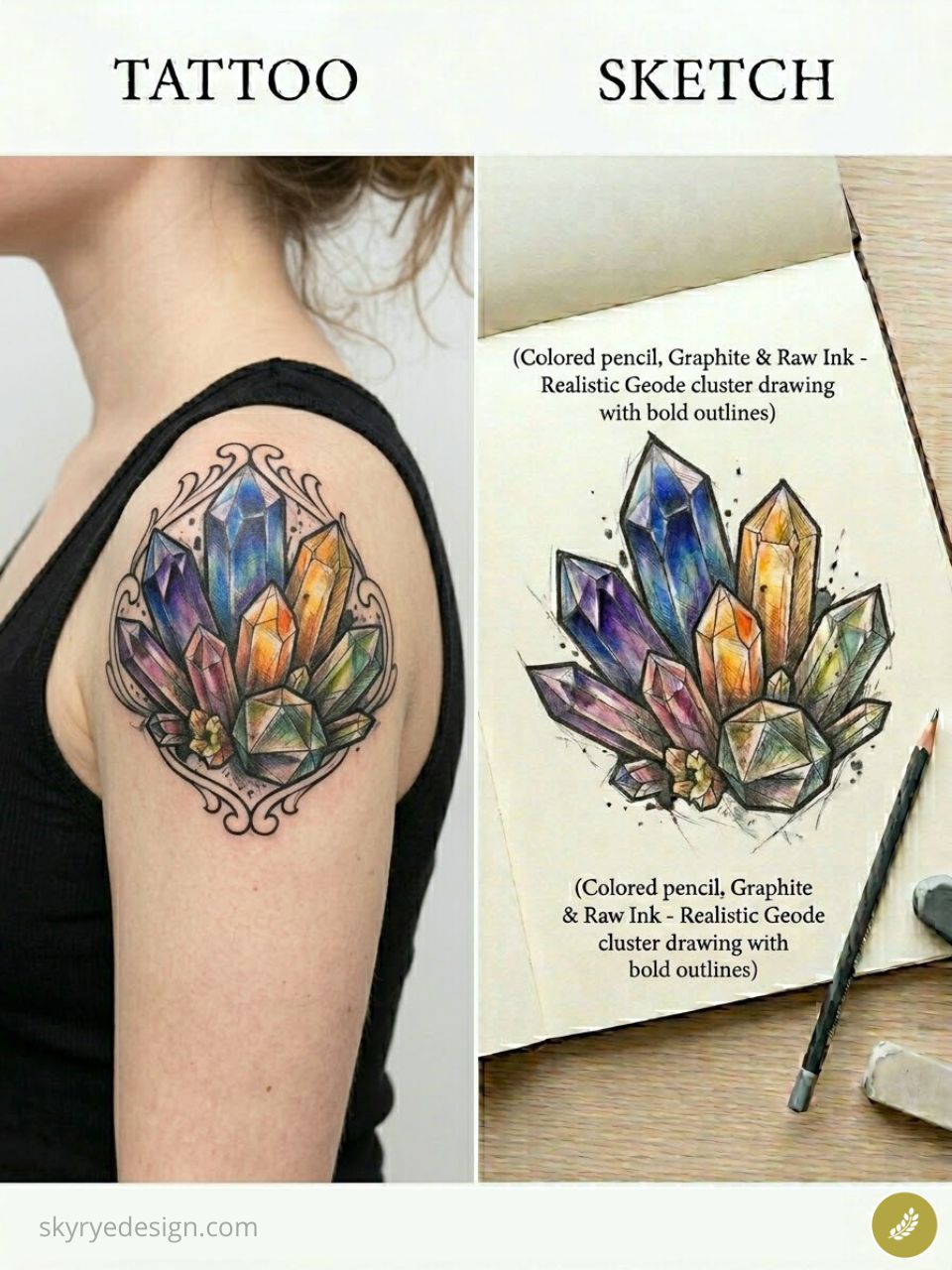 Split: colorful geode crystal tattoo on upper arm (left) and matching colored-pencil, graphite & ink sketch (right).