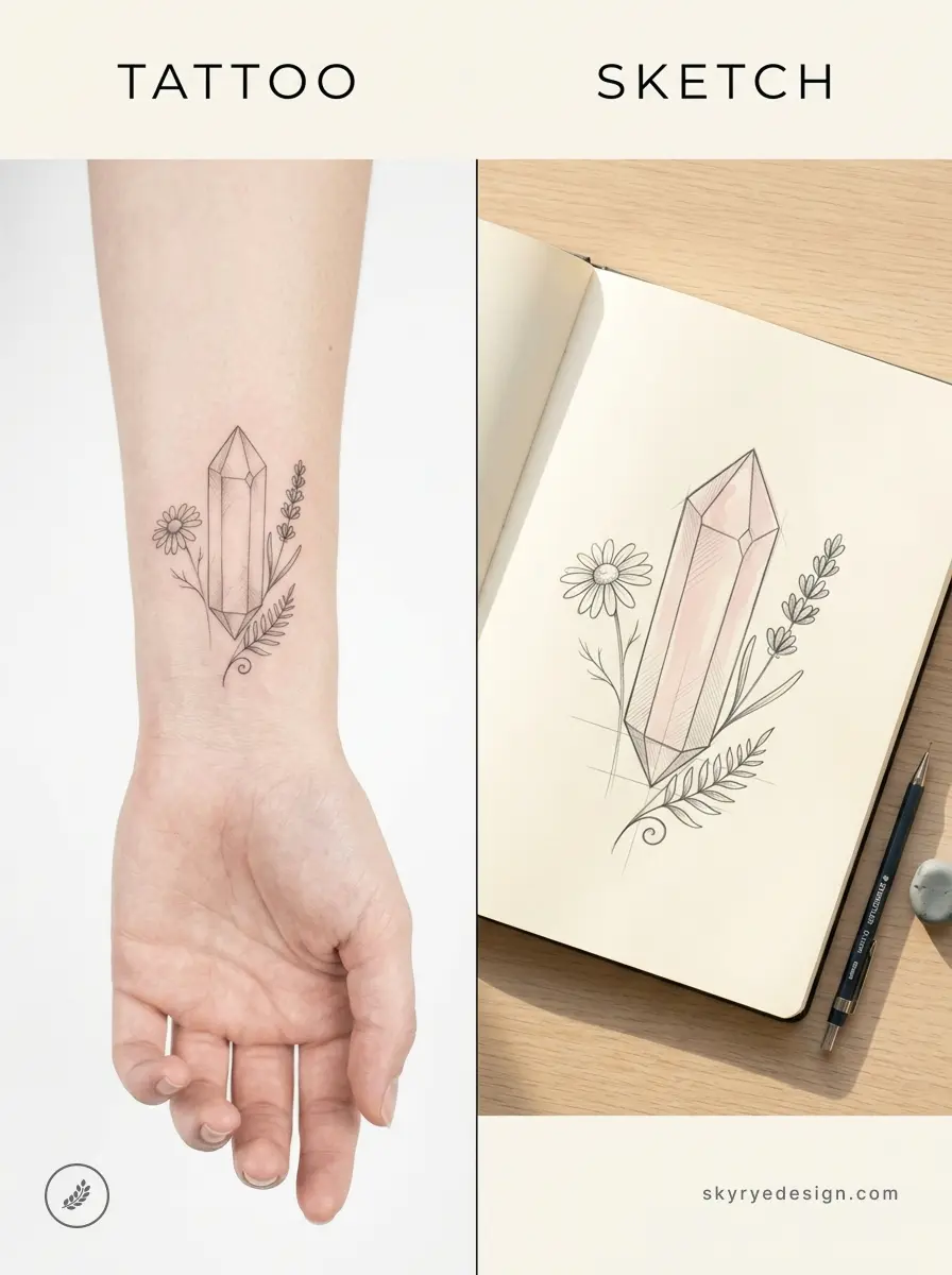Crystal forearm tattoo and matching floral pencil sketch in notebook — minimal linework daisy design