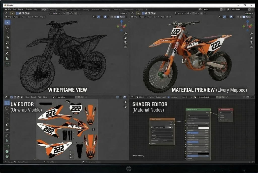 Blender interface showing dirt bike wireframe, material preview, UV unwrap decal layout and shader nodes.