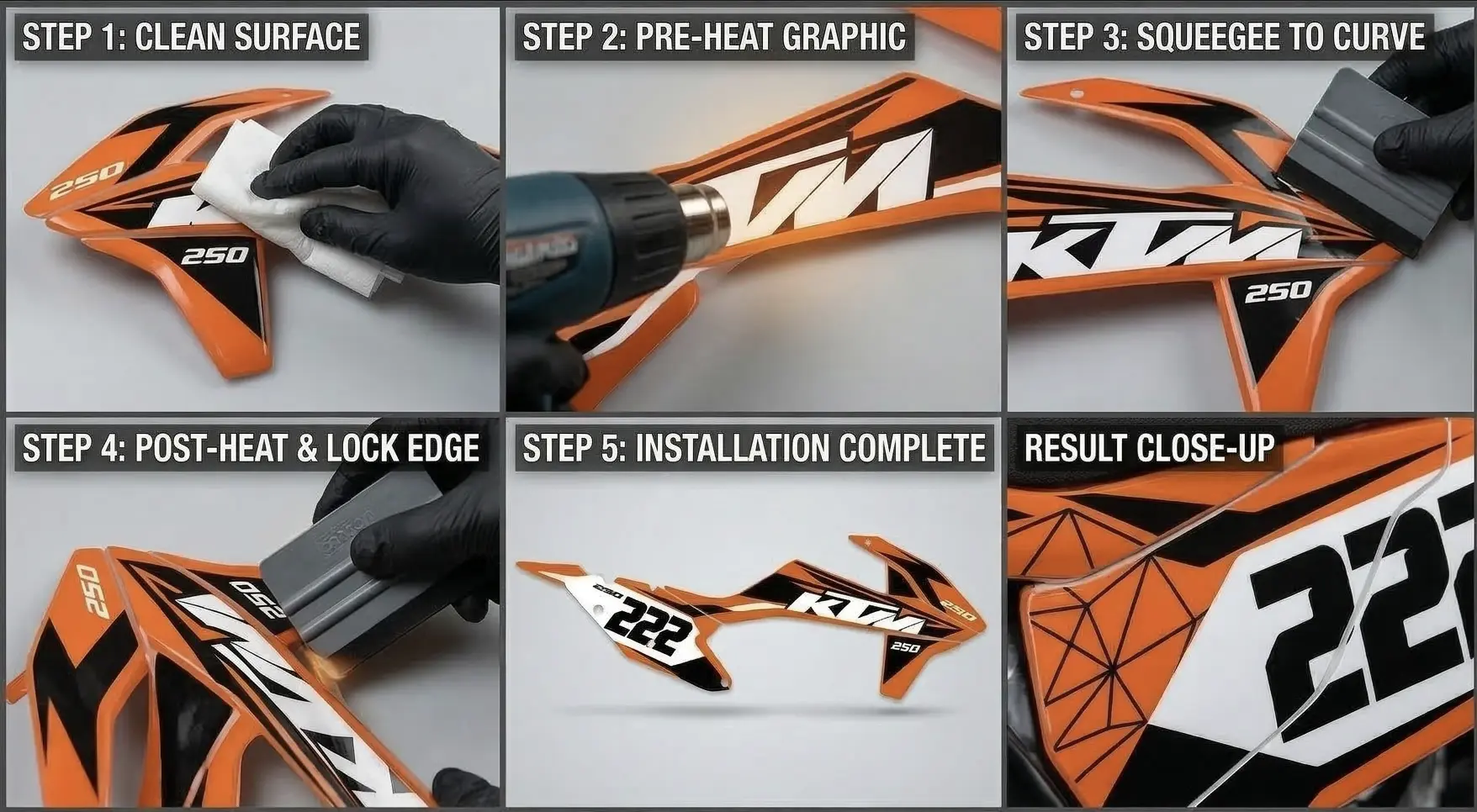 Six-step guide installing orange KTM-style motorcycle graphics: clean surface, pre-heat, squeegee to curve, post-heat, finished close-up